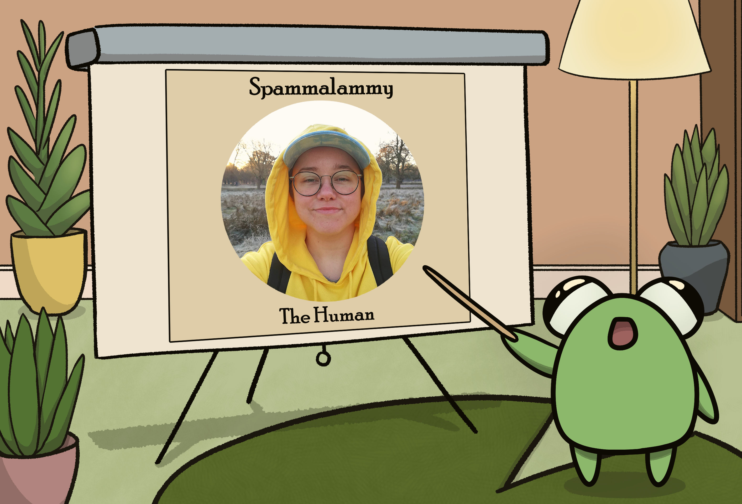 an excited frog in a comfortable living room points with a stick at a slideshow that is captioned Spammalammy The Human